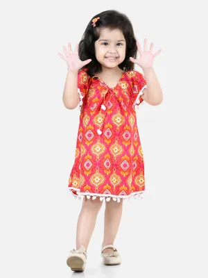 100% Cotton Printed With Pompom Jhabla Frock For Girls- Pink