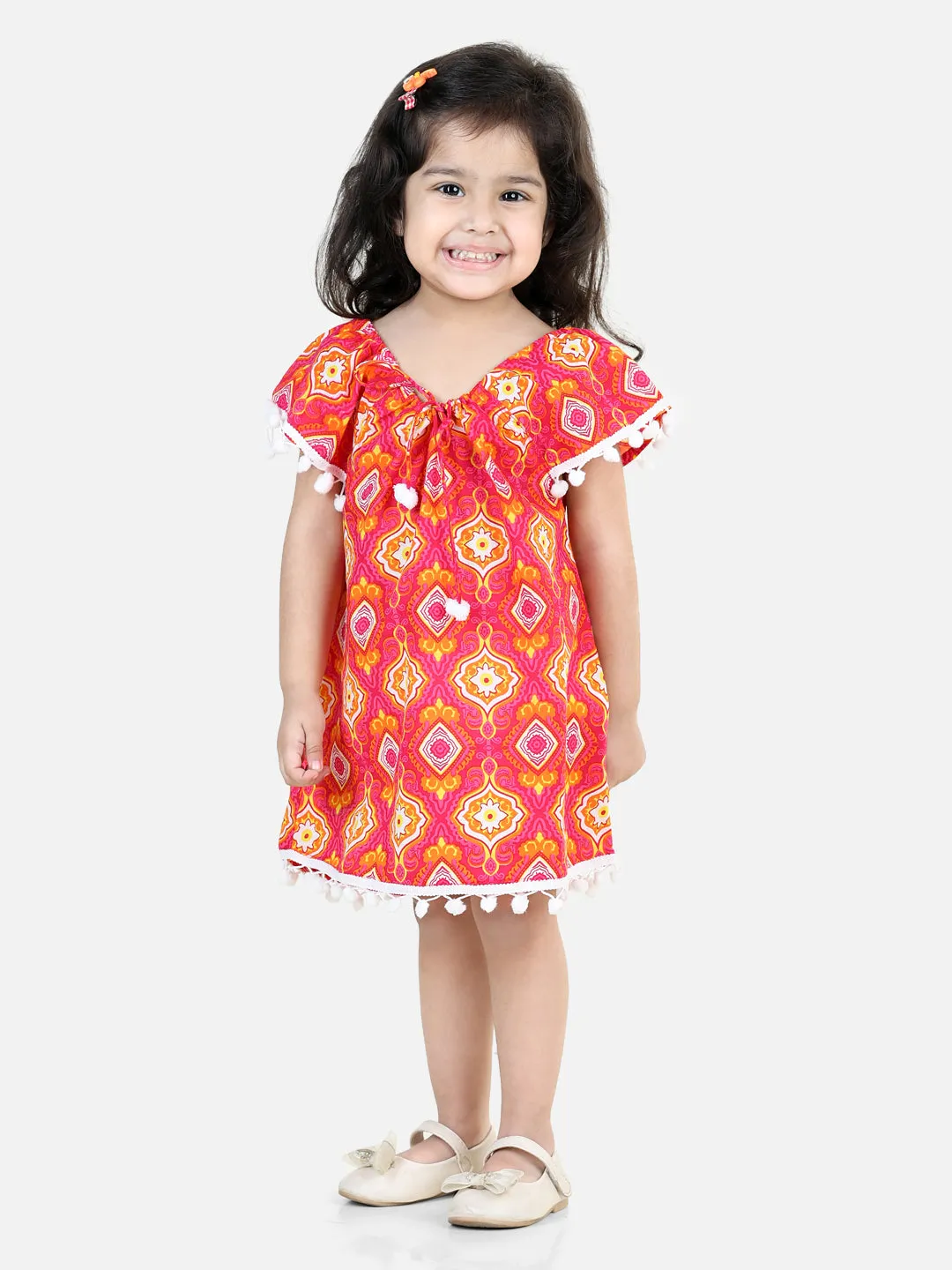 100% Cotton Printed With Pompom Jhabla Frock For Girls- Pink
