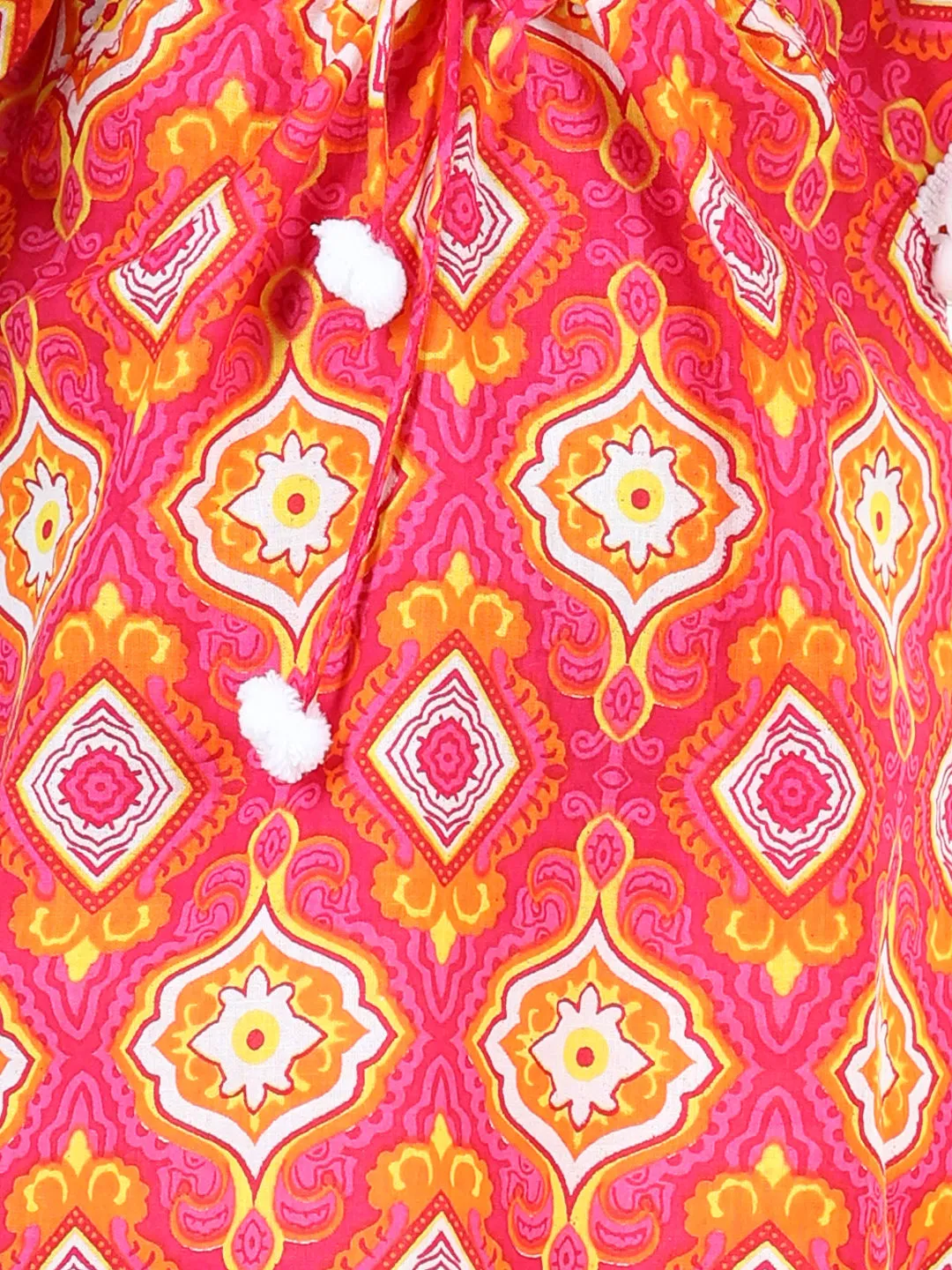 100% Cotton Printed With Pompom Jhabla Frock For Girls- Pink