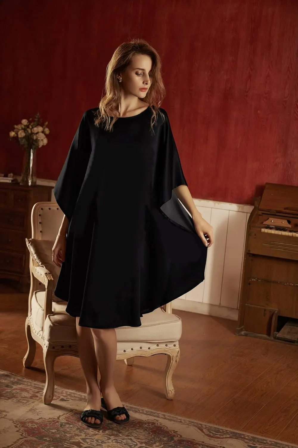 100% Pure Mulberry Silk Batwing Tunic Dress/Luxury Nightgown Plus Size 2-in-1 Design, Plus Size and Oversized