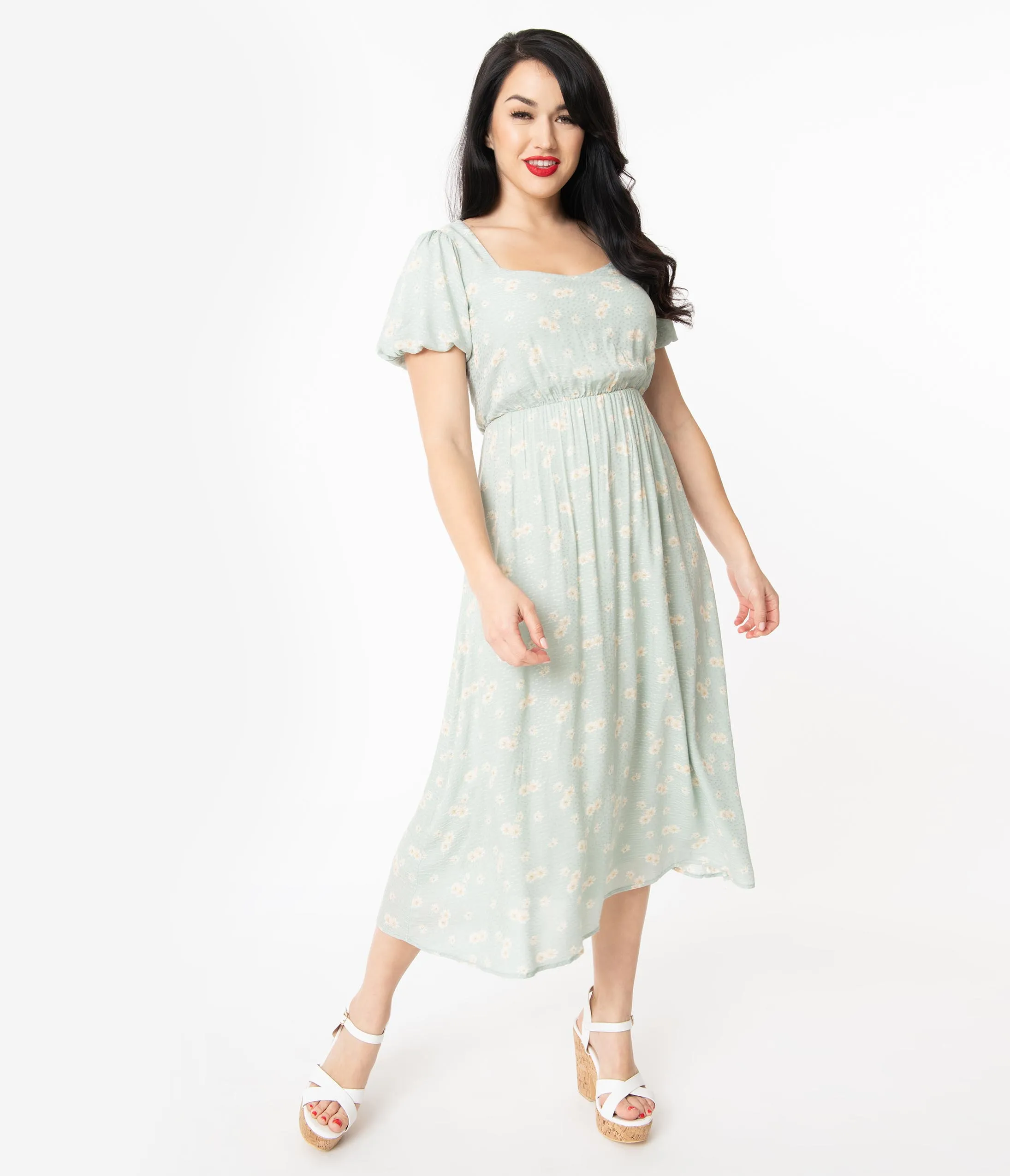 1940s Style Mint Floral Print Dress