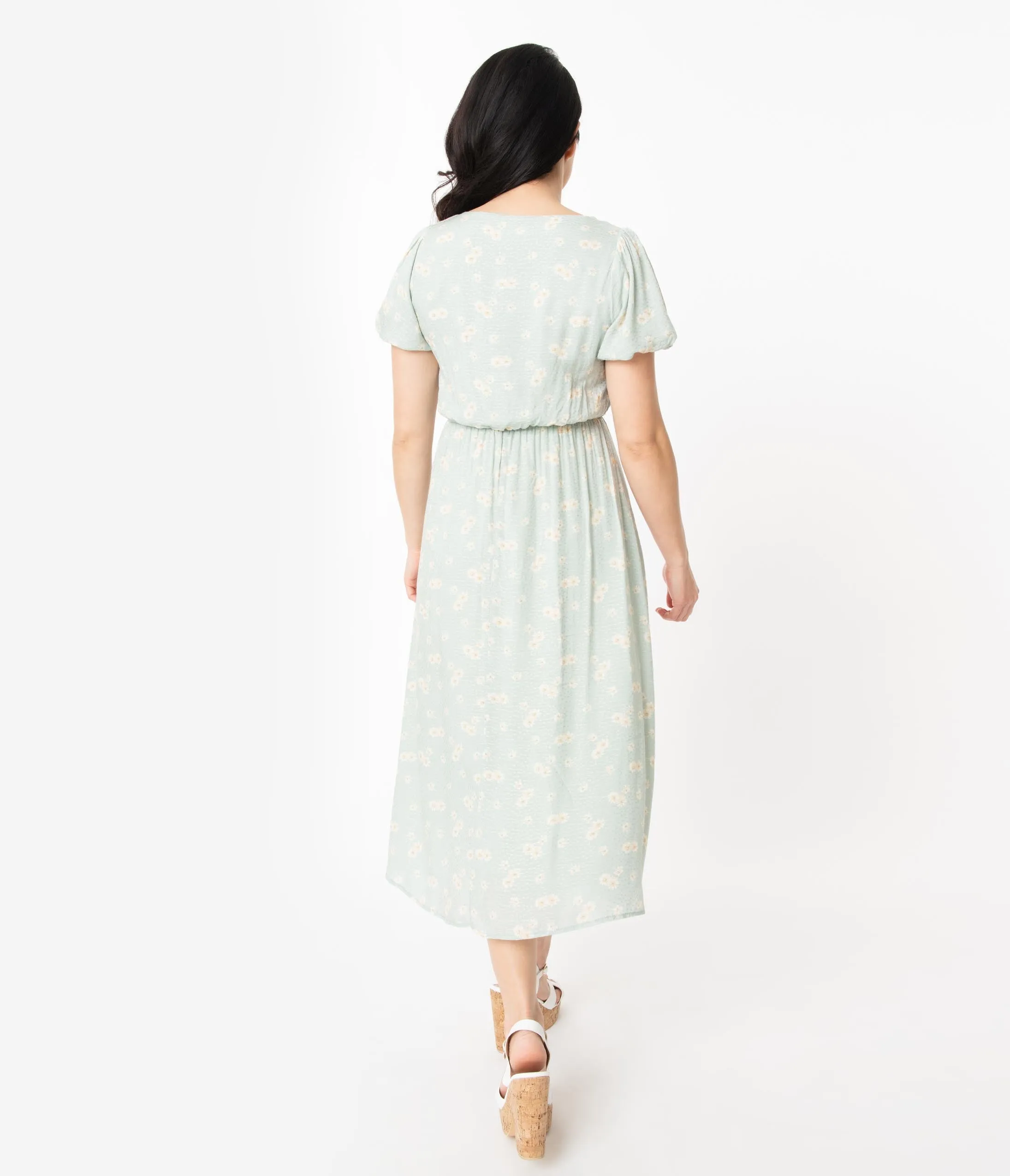 1940s Style Mint Floral Print Dress