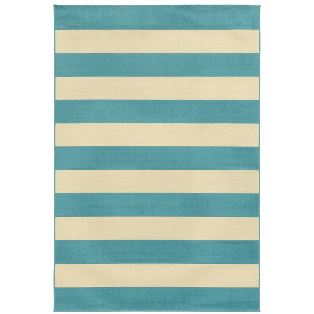 9' X 13' Blue And Ivory Geometric Stain Resistant Outdoor Area Rug