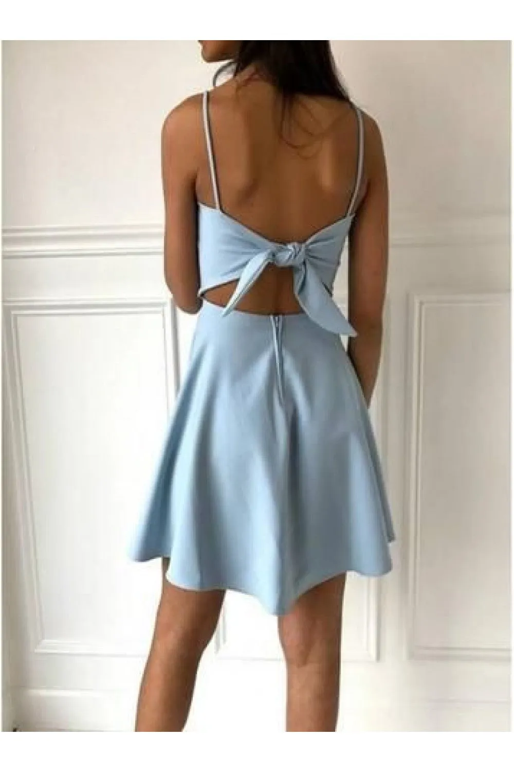 A-Line Sky Blue Satin Short Prom Dresses Homecoming Dresses VK0922001