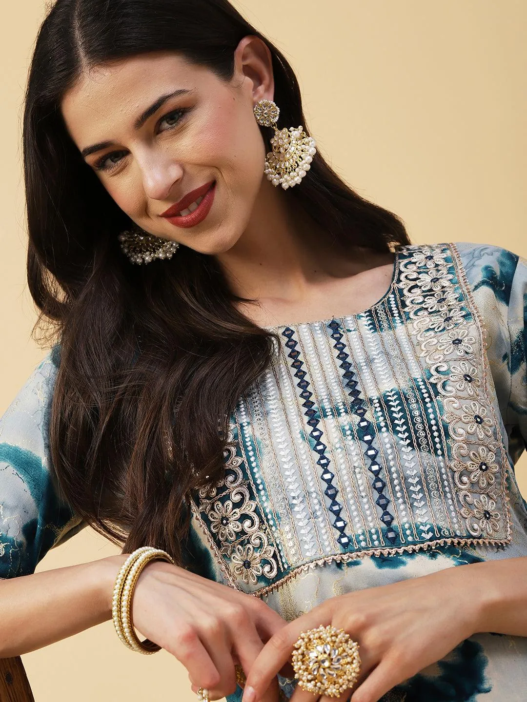 Abstract Printed Mirror, Zari & Resham Embroidered Foil Printed Kurta - Blue