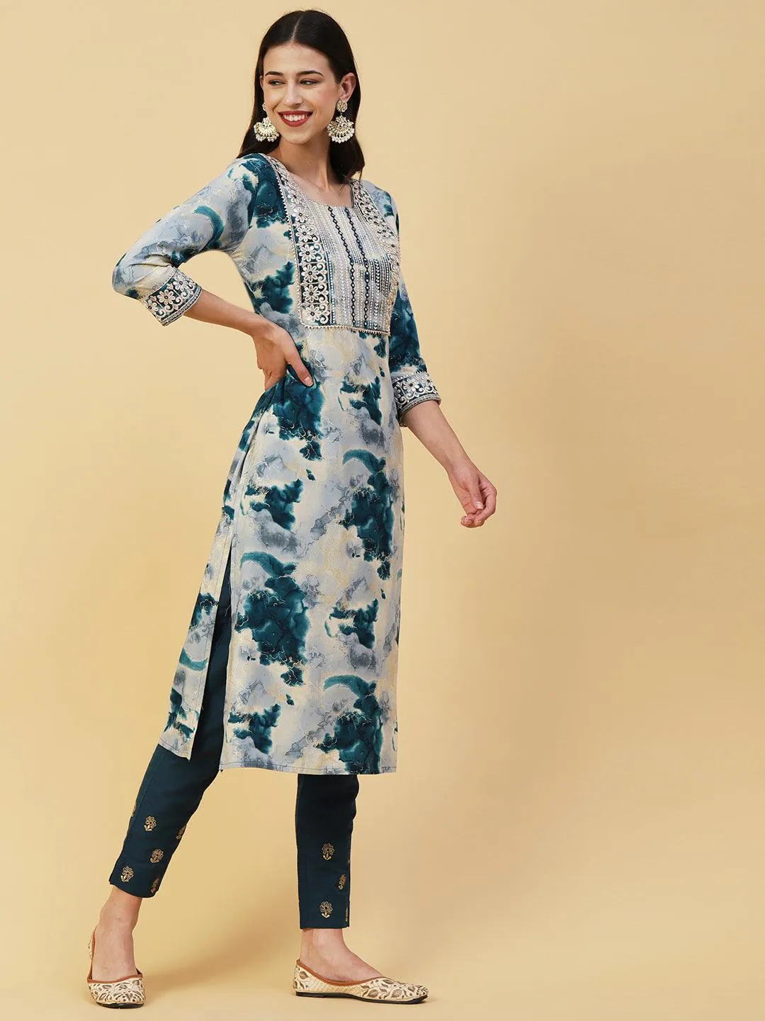 Abstract Printed Mirror, Zari & Resham Embroidered Foil Printed Kurta - Blue