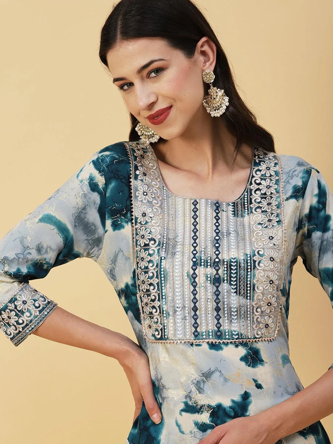 Abstract Printed Mirror, Zari & Resham Embroidered Foil Printed Kurta - Blue