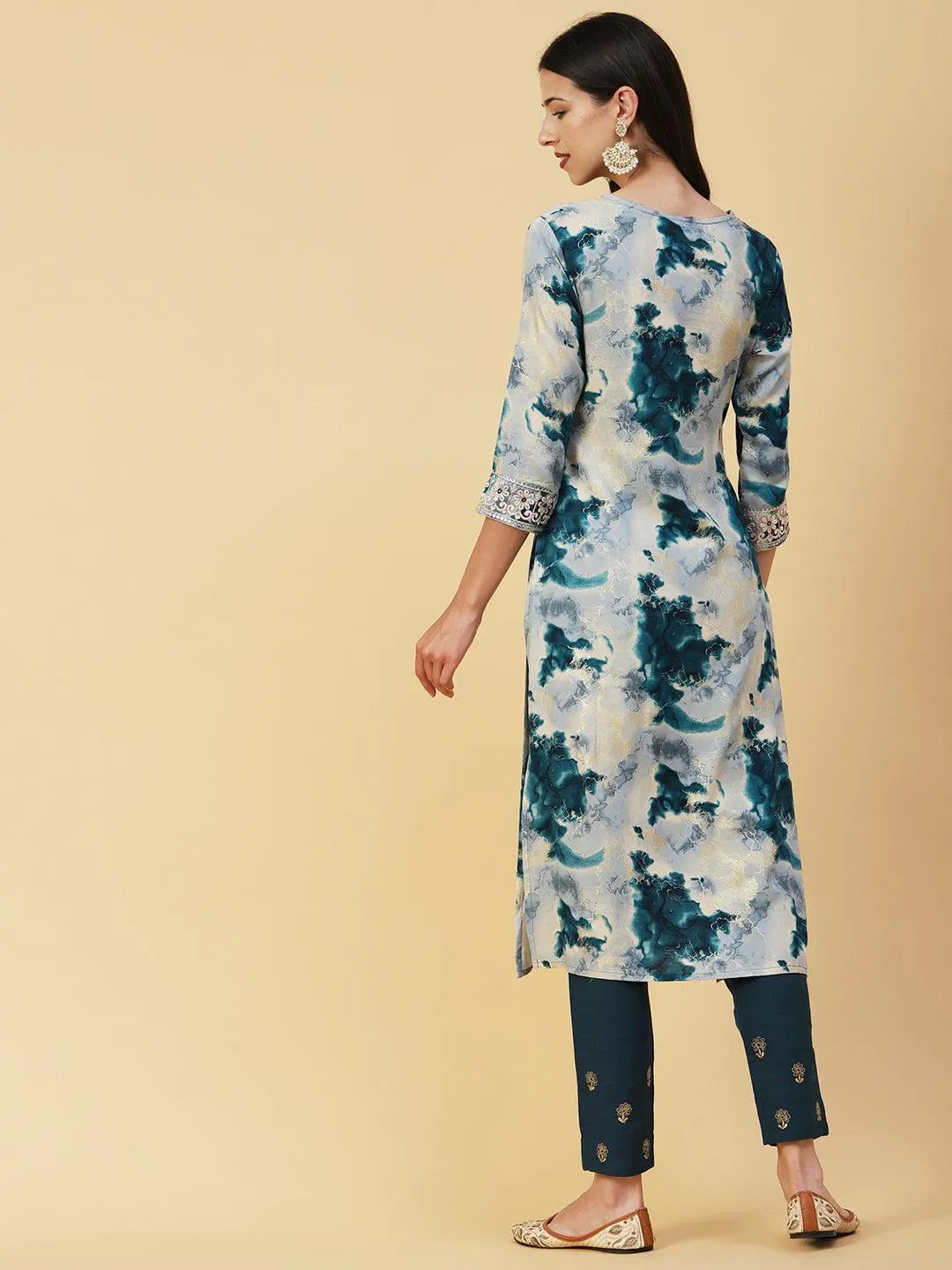 Abstract Printed Mirror, Zari & Resham Embroidered Foil Printed Kurta - Blue