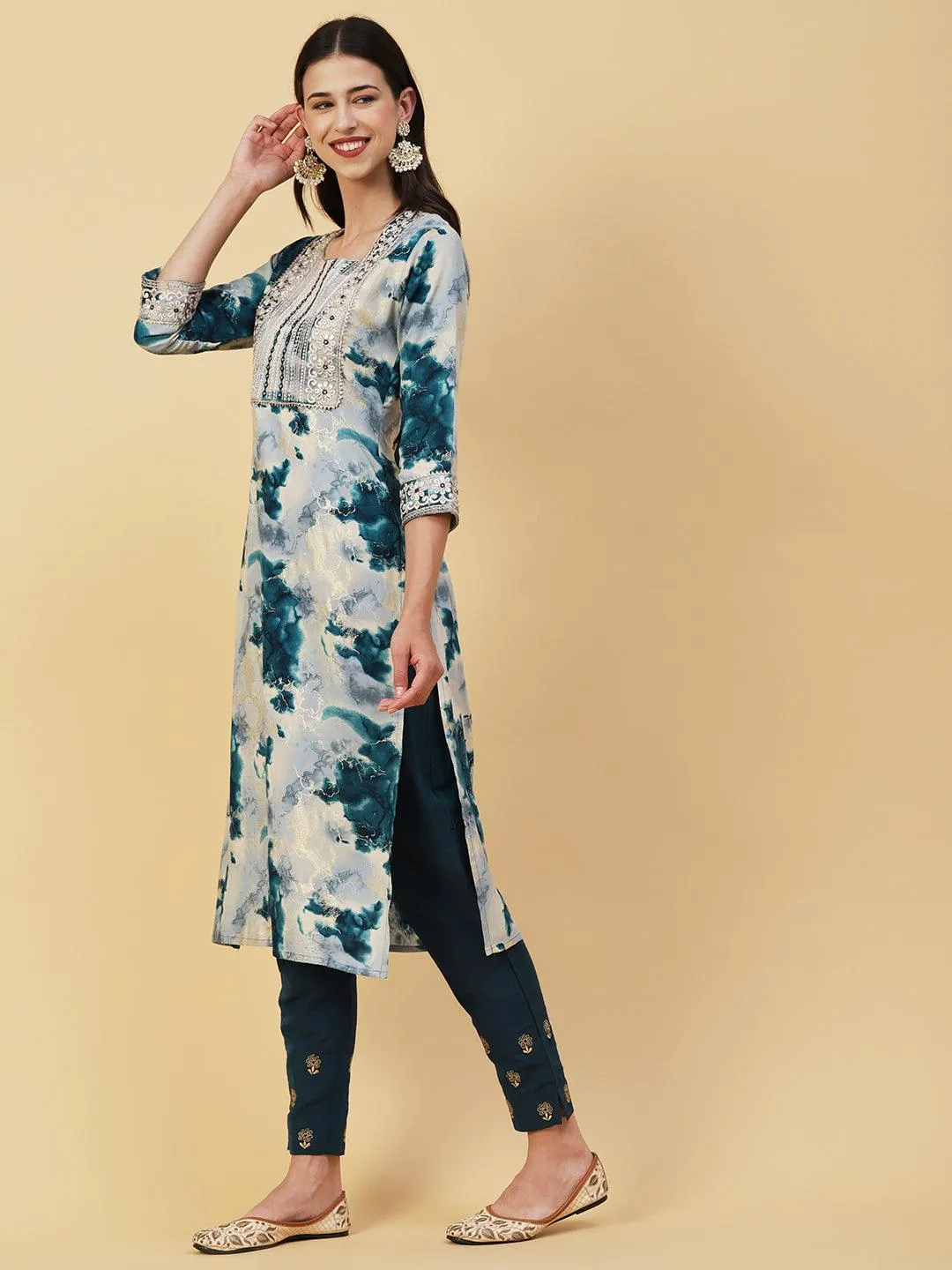 Abstract Printed Mirror, Zari & Resham Embroidered Foil Printed Kurta - Blue