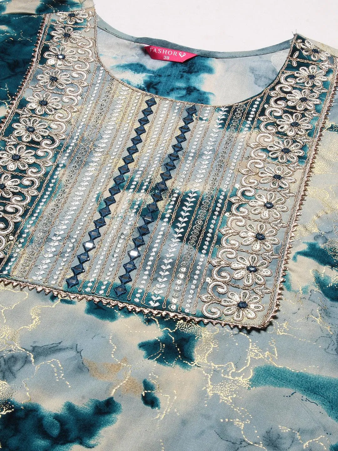 Abstract Printed Mirror, Zari & Resham Embroidered Foil Printed Kurta - Blue