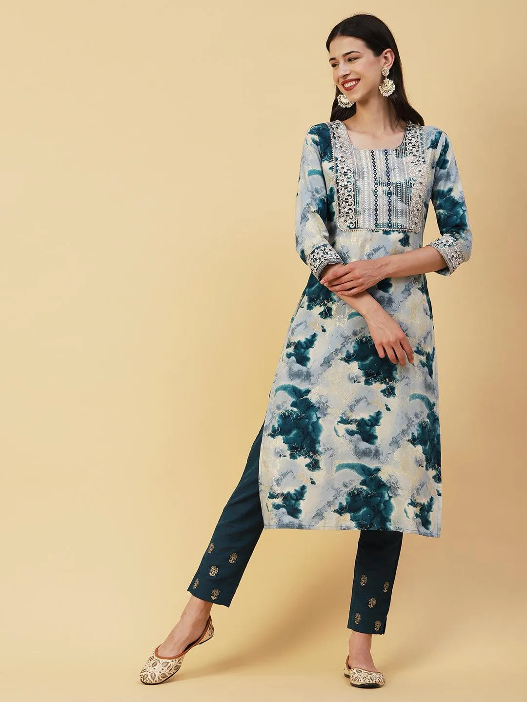Abstract Printed Mirror, Zari & Resham Embroidered Foil Printed Kurta - Blue