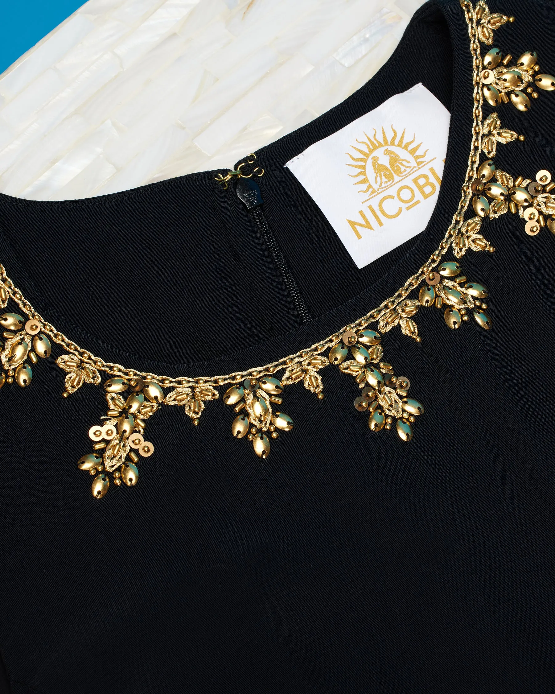 Amaris Black Midi Sheath Dress and Gold Embellishment