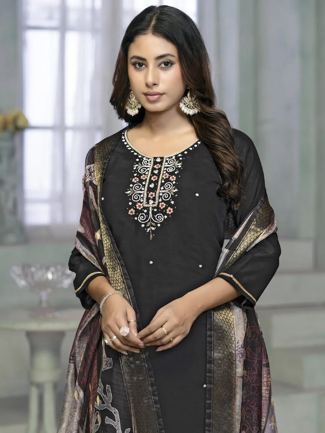 Black Designer Readymade Pant Suit With Printed Embroidery Work