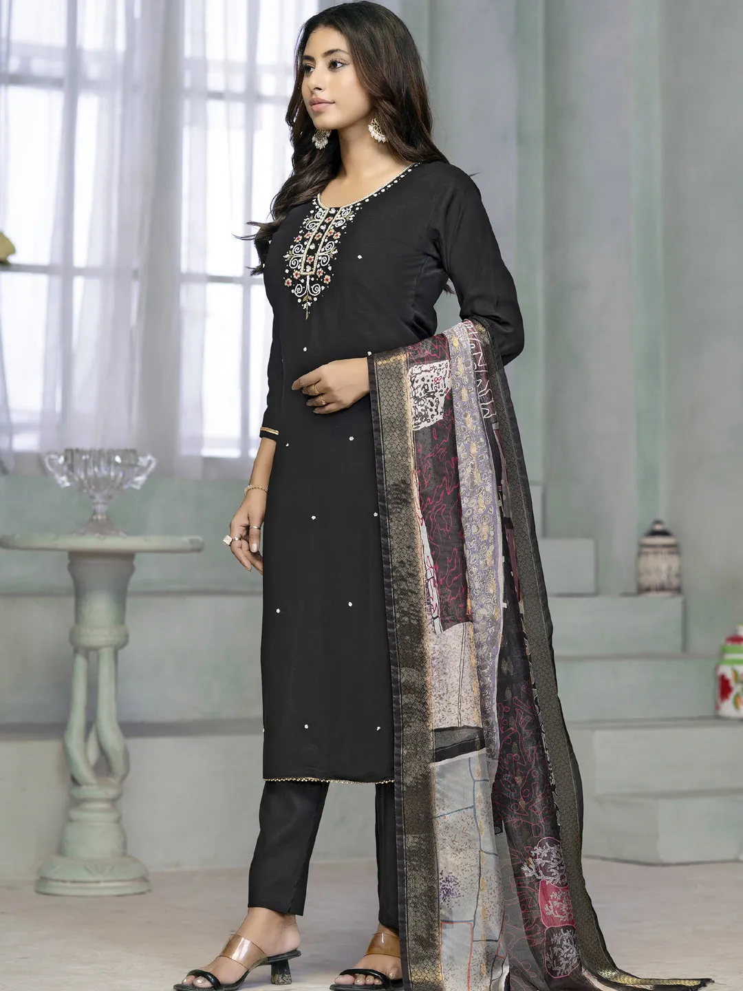 Black Designer Readymade Pant Suit With Printed Embroidery Work