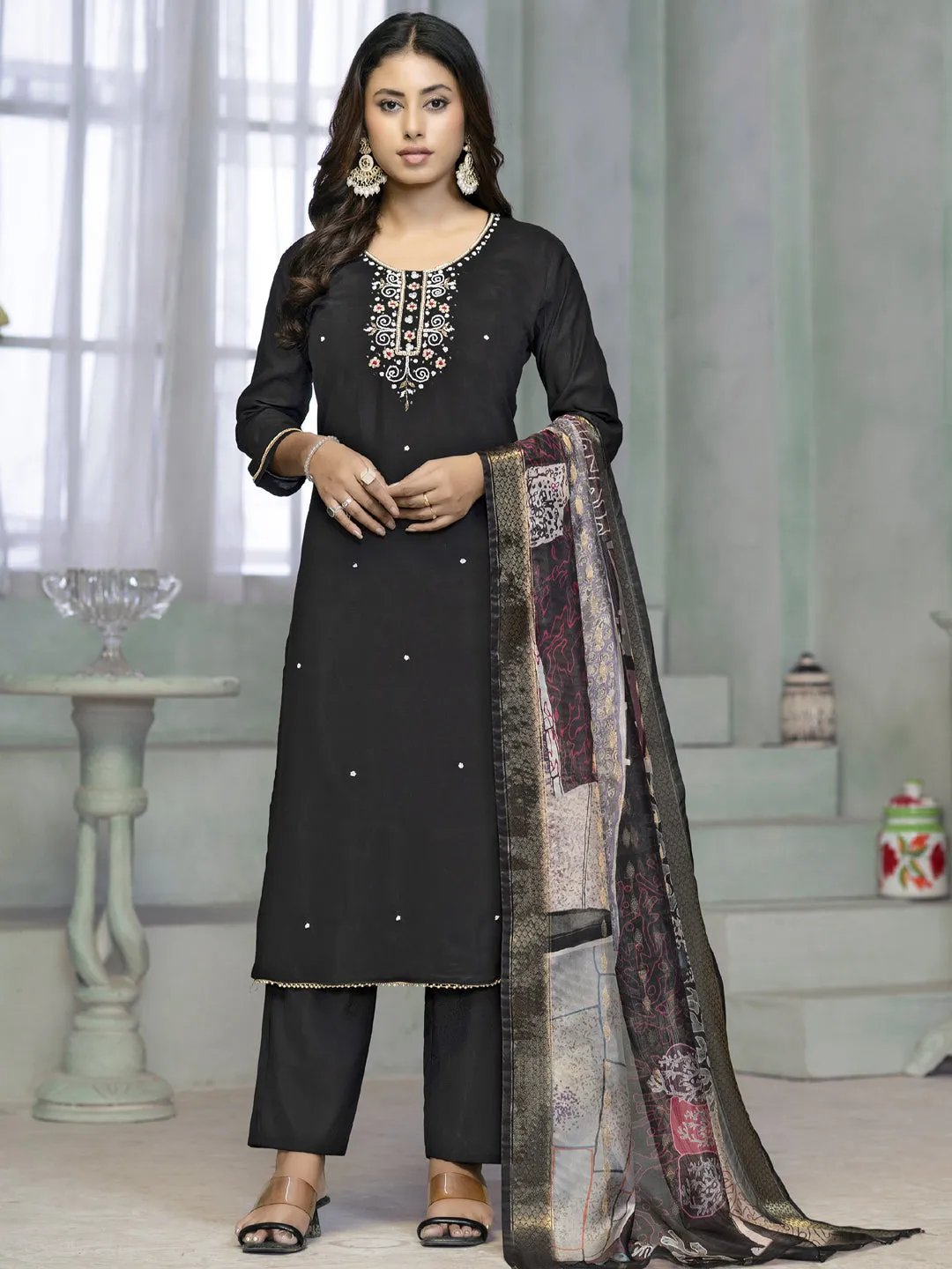 Black Designer Readymade Pant Suit With Printed Embroidery Work