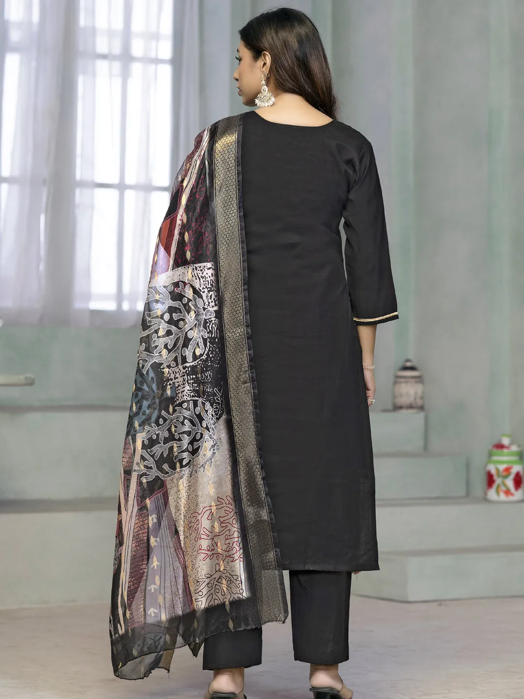 Black Designer Readymade Pant Suit With Printed Embroidery Work