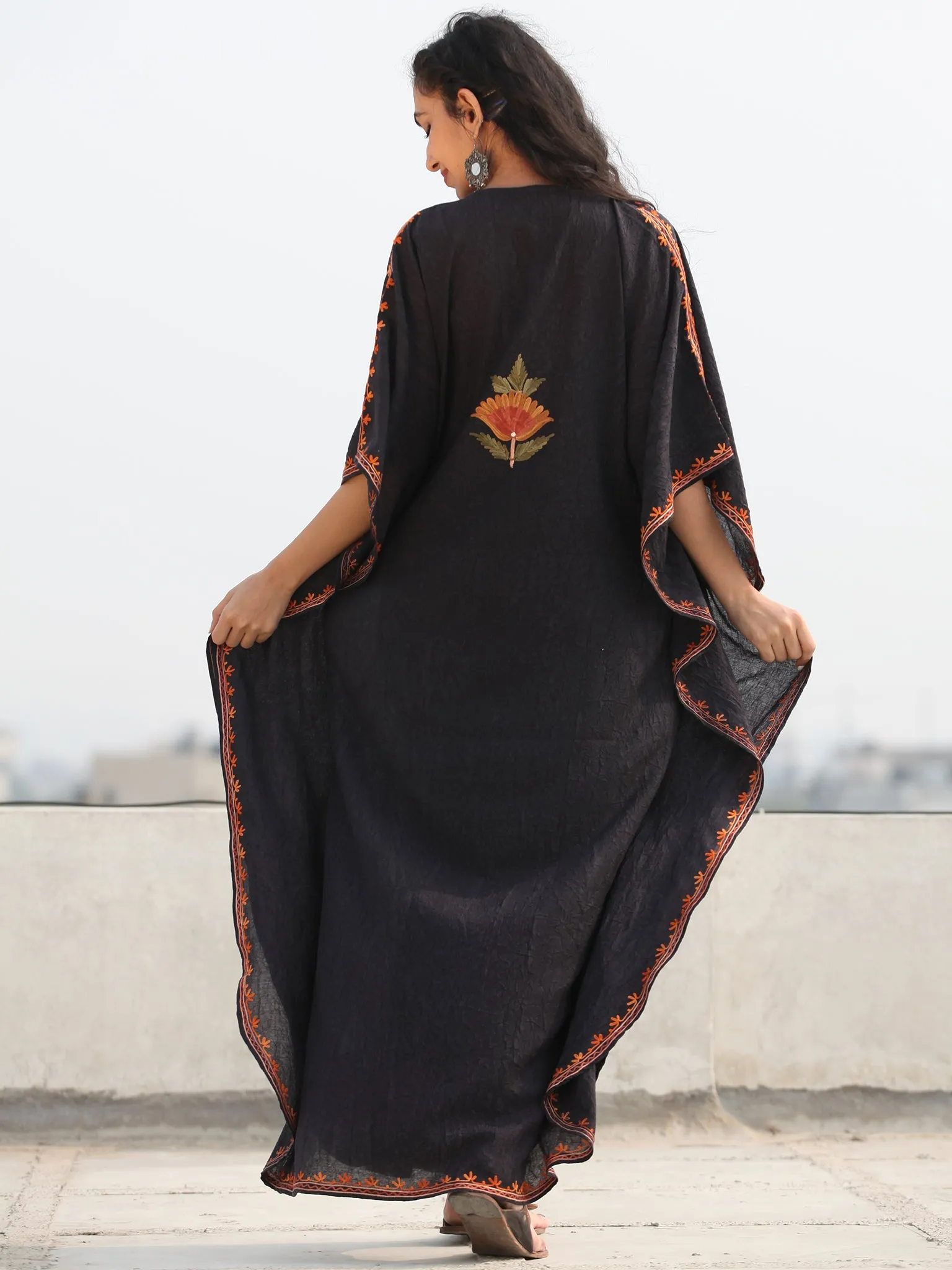 Black MultiColor Aari Embroidered Kashmere Free Size Kaftan in Crushed Cotton - K11K072