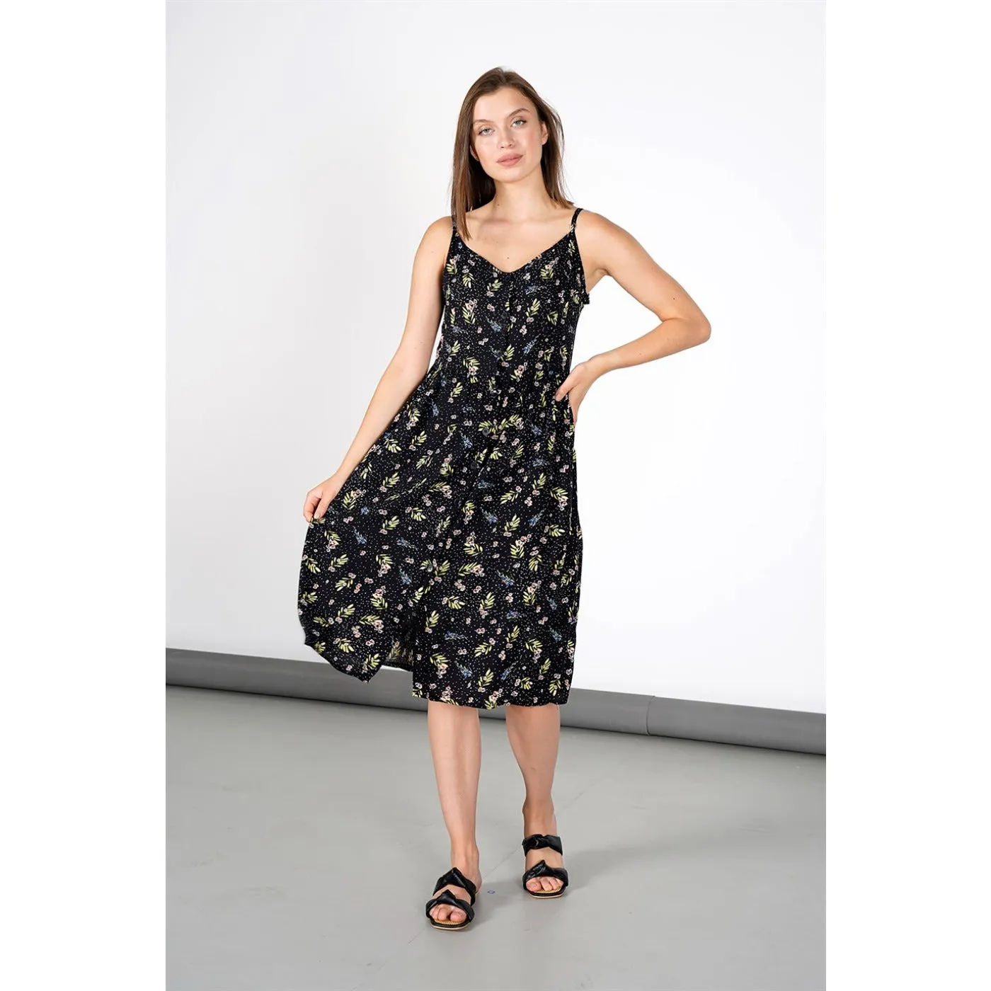 Black Sleeveless Printed Viscose Dress