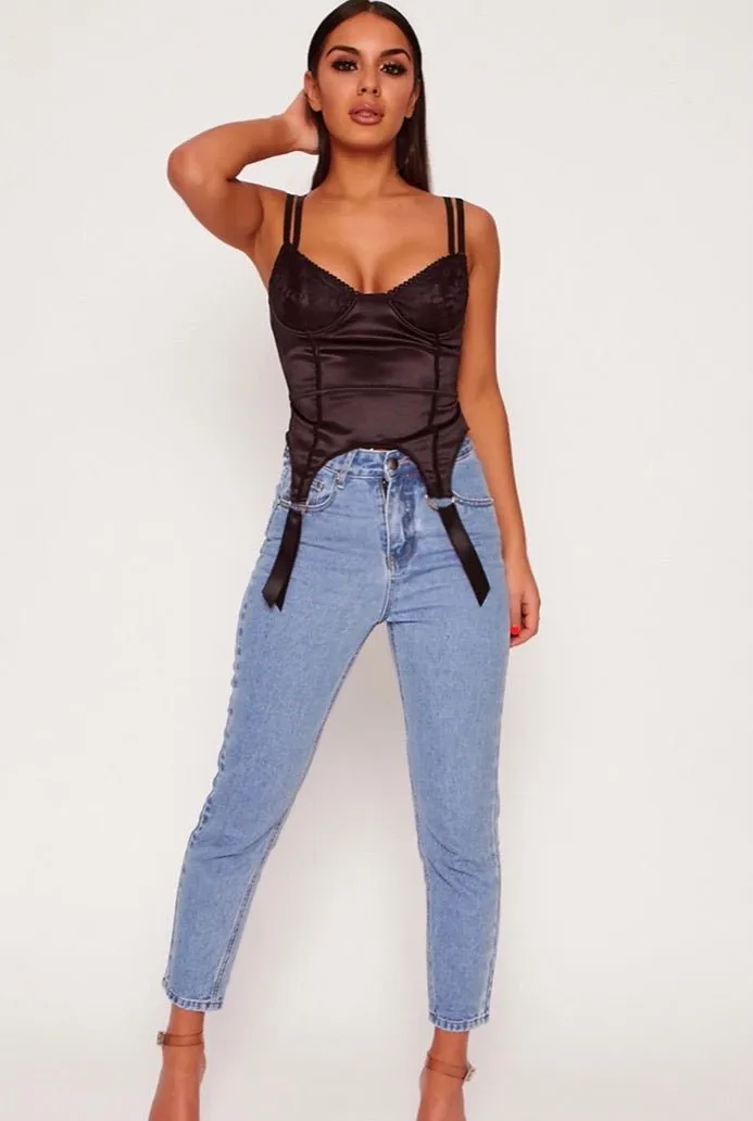 Black Stretch Satin Underwired Lace Cup Corset Top
