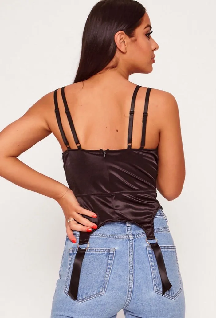 Black Stretch Satin Underwired Lace Cup Corset Top