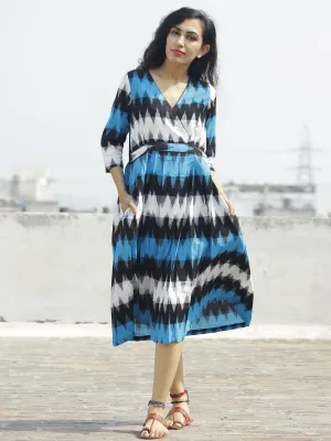 Blue Black Ivory Ikat Dress With Gathers & Side Pockets -  D118F931