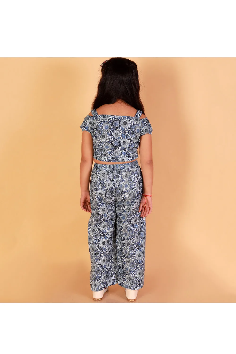 Blue Floral Printed Off Shoulder Cotton Top With Palazzo Set