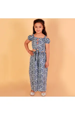 Blue Floral Printed Off Shoulder Cotton Top With Palazzo Set