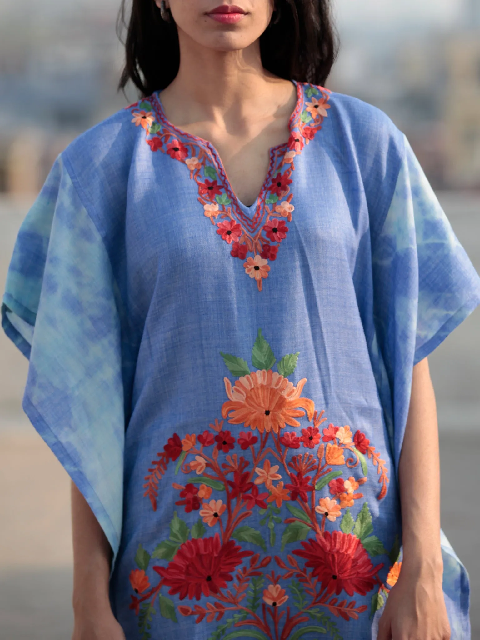 Blue Green Red Orange Aari Embroidered Short Kashmere Kaftan  - K11K031