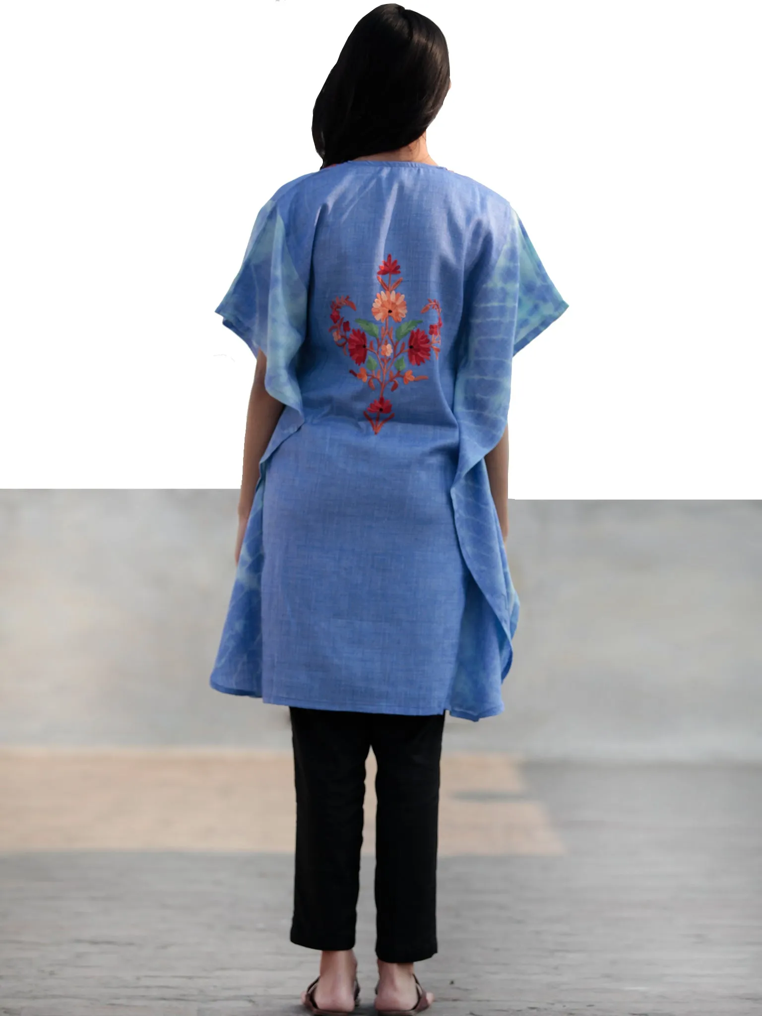 Blue Green Red Orange Aari Embroidered Short Kashmere Kaftan  - K11K031