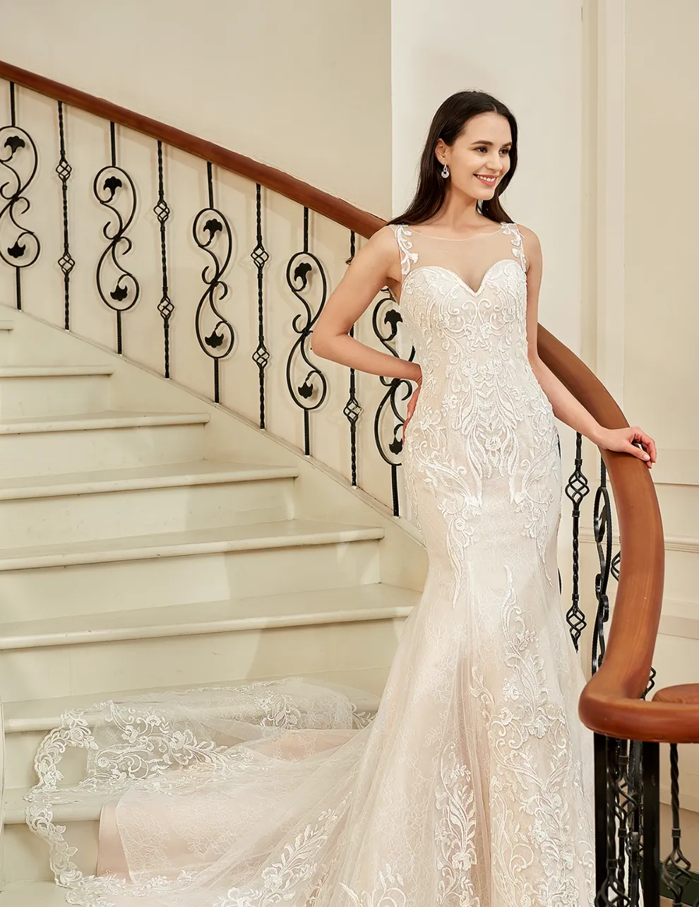 Blush Illusion Neckline Lace Mermaid Wedding Dress