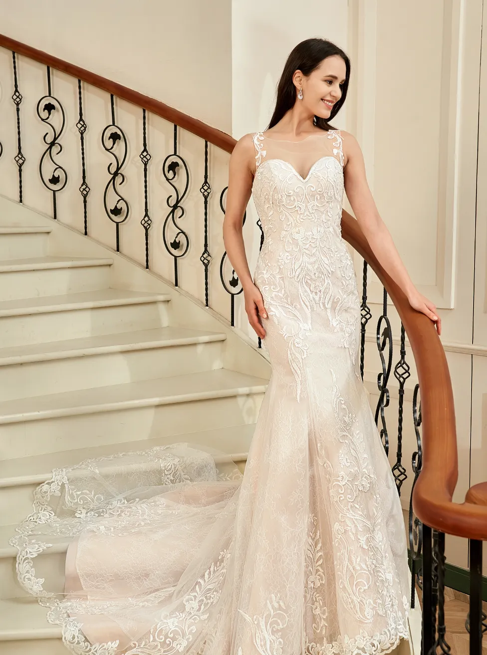 Blush Illusion Neckline Lace Mermaid Wedding Dress
