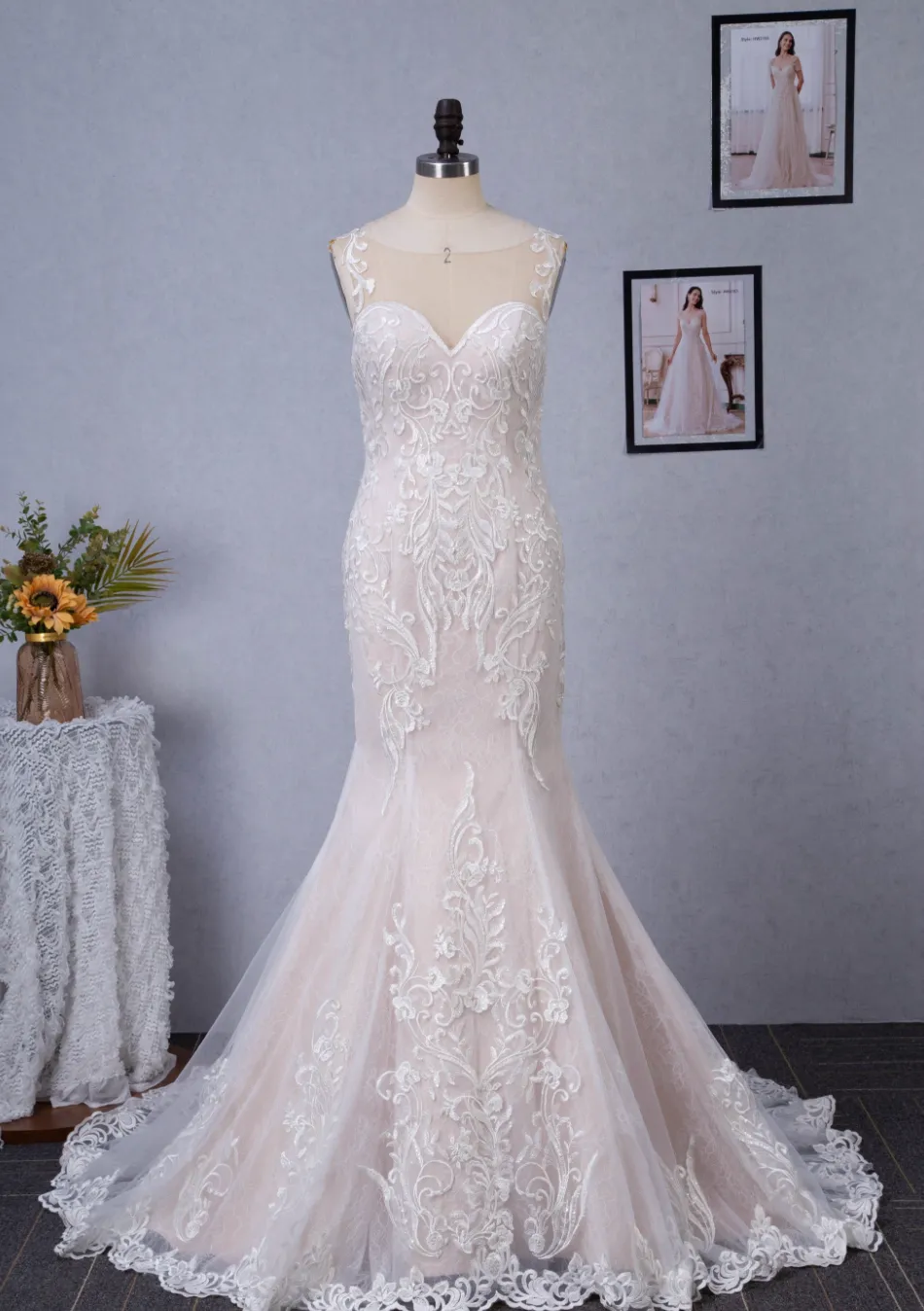Blush Illusion Neckline Lace Mermaid Wedding Dress