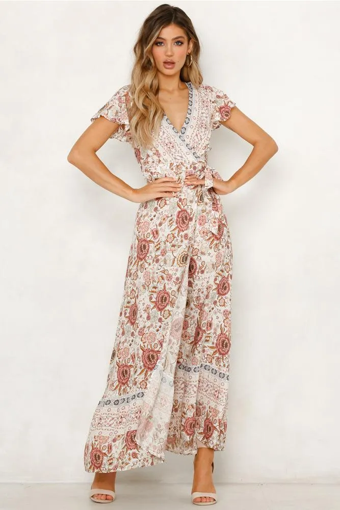 Bohemia V-neck Printed Beach Maxi Split Dresses