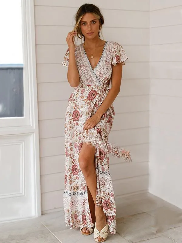 Bohemia V-neck Printed Beach Maxi Split Dresses