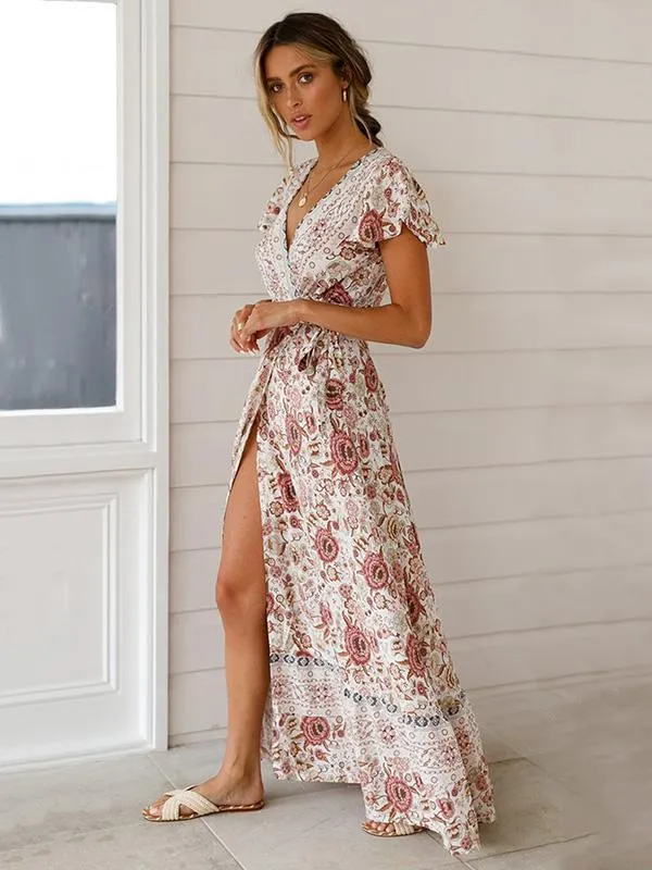 Bohemia V-neck Printed Beach Maxi Split Dresses