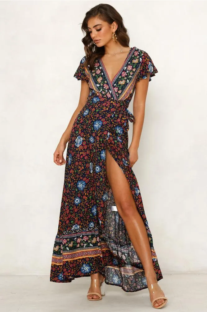 Bohemia V-neck Printed Beach Maxi Split Dresses