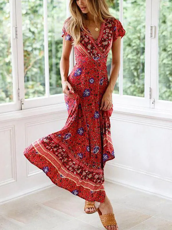 Bohemia V-neck Printed Beach Maxi Split Dresses