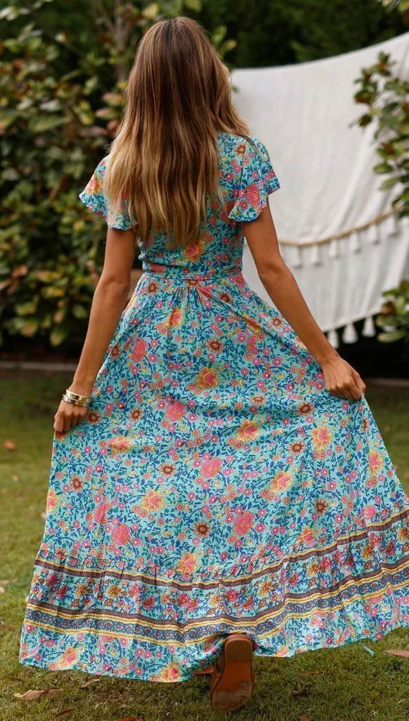 Bohemia V-neck Printed Beach Maxi Split Dresses