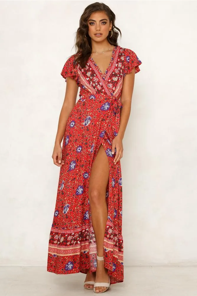 Bohemia V-neck Printed Beach Maxi Split Dresses