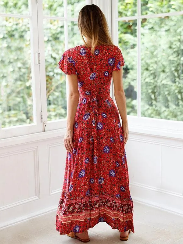 Bohemia V-neck Printed Beach Maxi Split Dresses