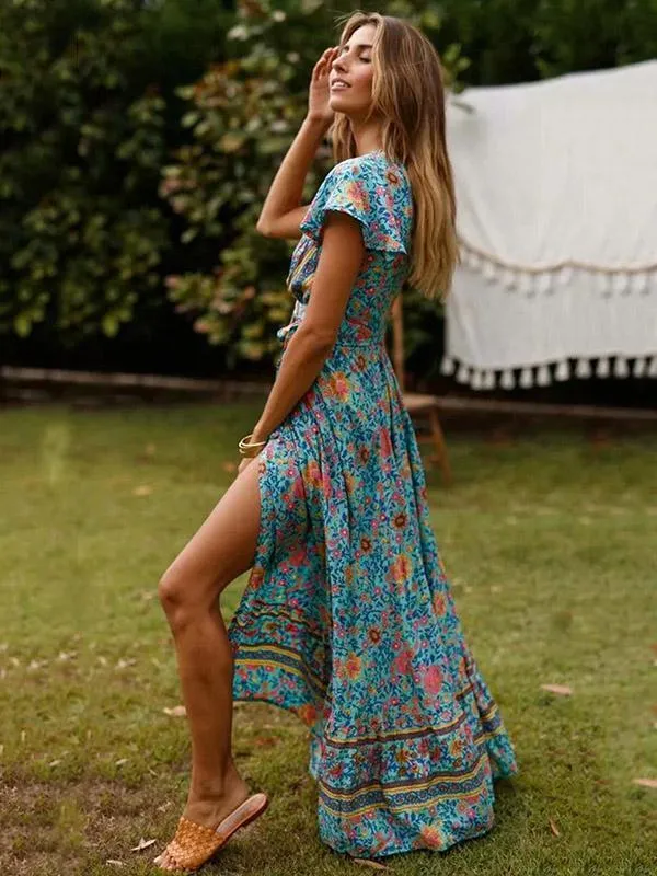 Bohemia V-neck Printed Beach Maxi Split Dresses
