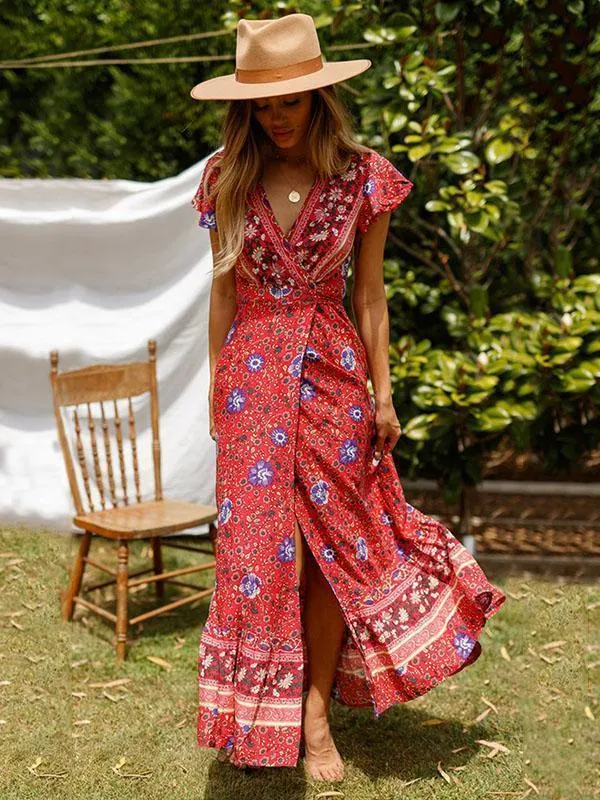 Bohemia V-neck Printed Beach Maxi Split Dresses