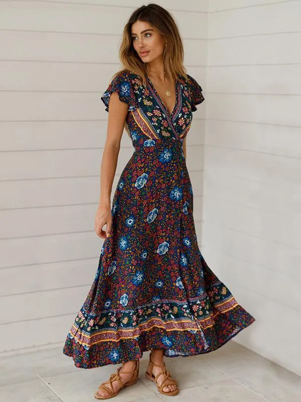 Bohemia V-neck Printed Beach Maxi Split Dresses
