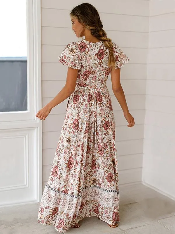 Bohemia V-neck Printed Beach Maxi Split Dresses