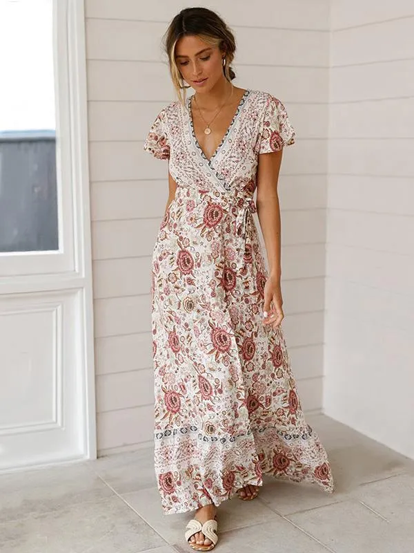 Bohemia V-neck Printed Beach Maxi Split Dresses