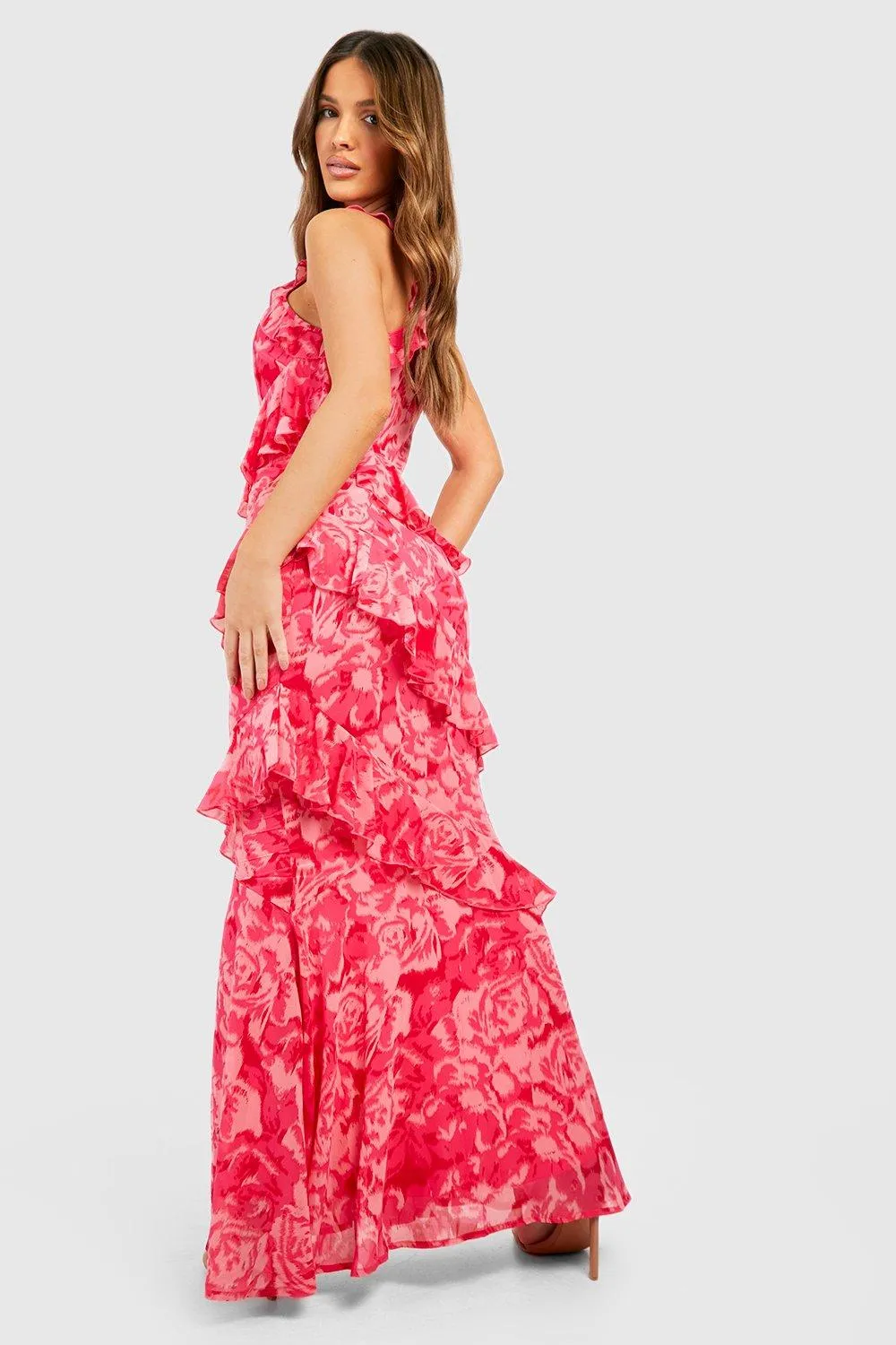 Boohoo One Shoulder Printed Chiffon Maxi Dress, Pink