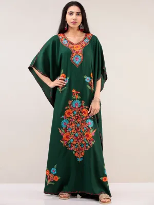 Bottle Green Aari Embroidered Kashmere Free Size Kaftan  - K12K025