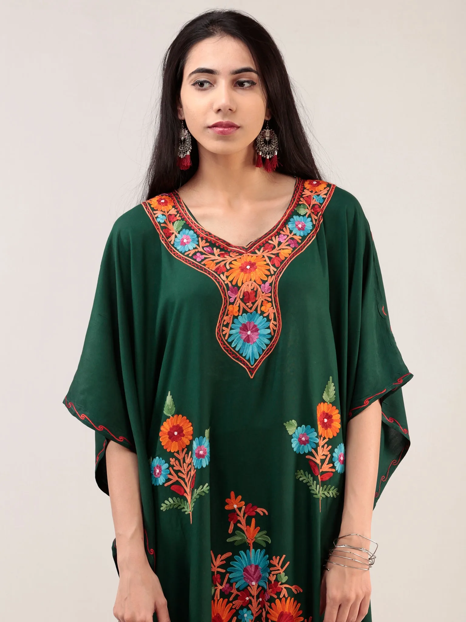 Bottle Green Aari Embroidered Kashmere Free Size Kaftan  - K12K025
