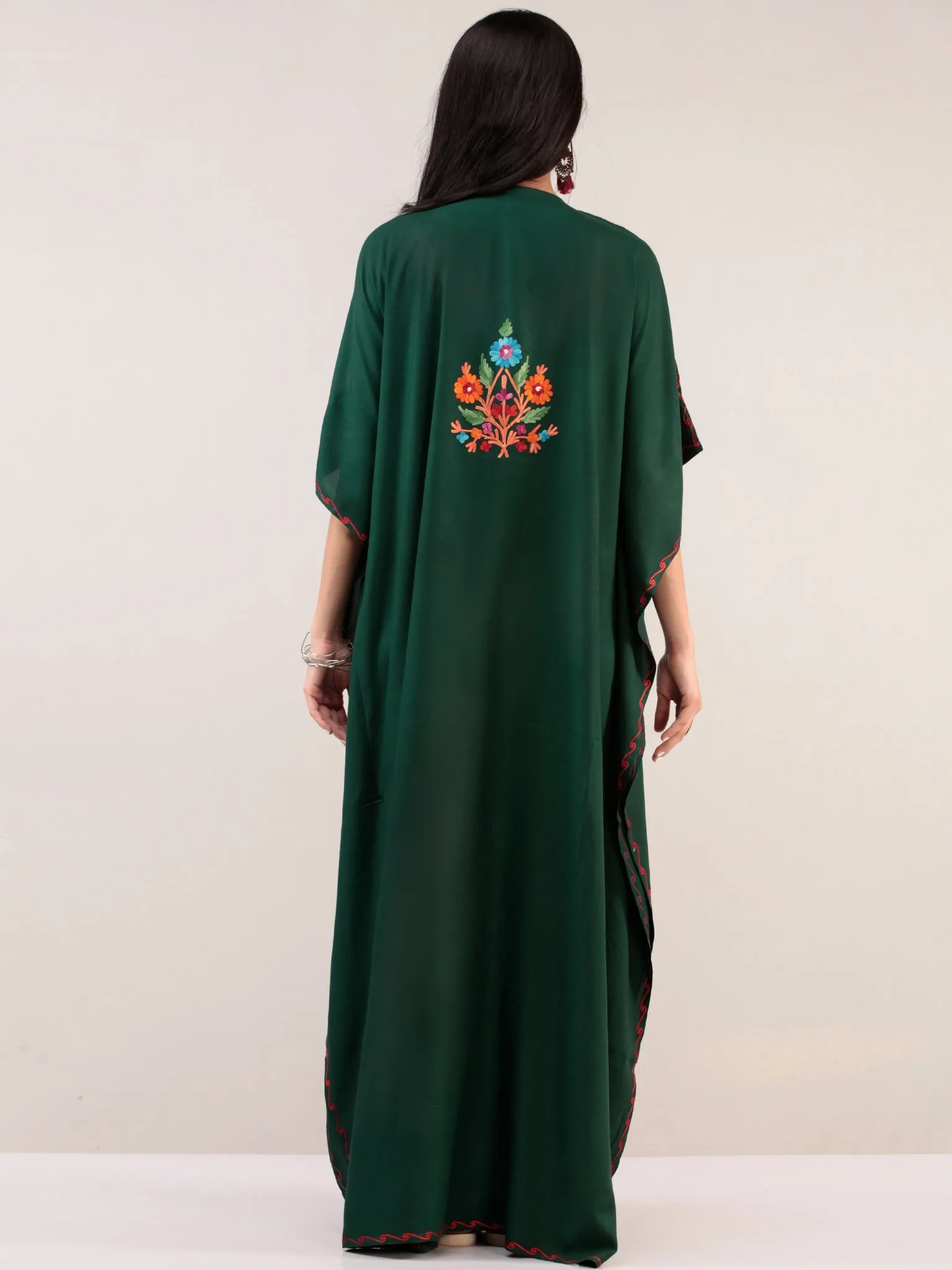 Bottle Green Aari Embroidered Kashmere Free Size Kaftan  - K12K025