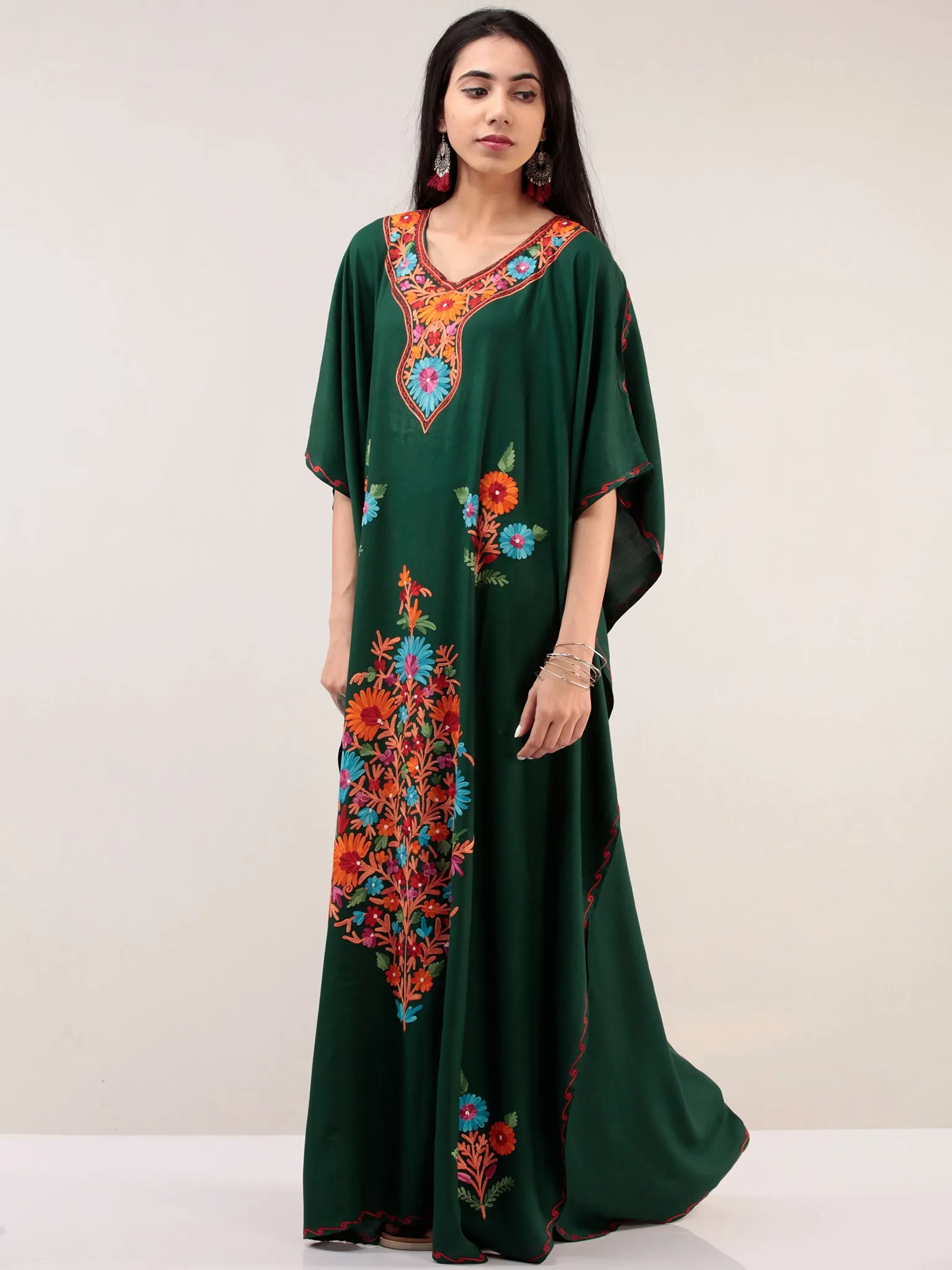 Bottle Green Aari Embroidered Kashmere Free Size Kaftan  - K12K025